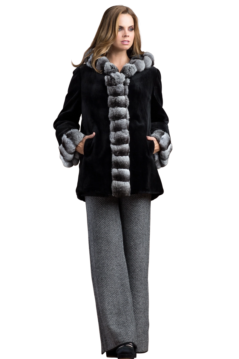 BLACK/GRAY EM-EL HOODED REVERSIBLE SHEARED MINK AND CHINCHILLA FUR JACKET MODEL FRONT VIEW