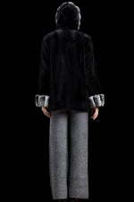 Black/Gray EM-EL Hooded Reversible Sheared Mink and Chinchilla Fur Jacket