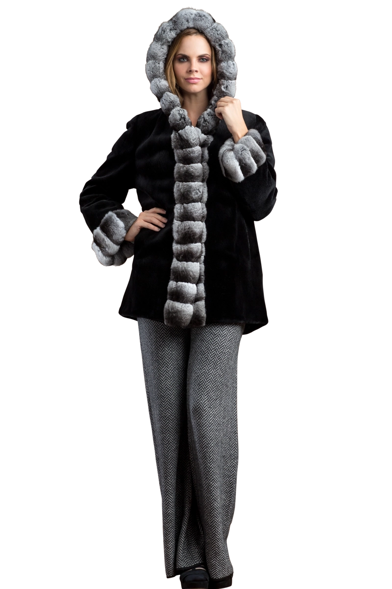 BLACK/GRAY EM-EL HOODED REVERSIBLE SHEARED MINK AND CHINCHILLA FUR JACKET MODEL FRONT VIEW