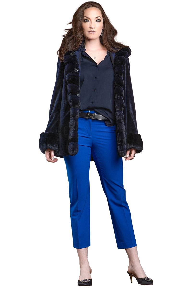 NAVYBLUE EM-EL HOODED REVERSIBLE SHEARED MINK AND CHINCHILLA FUR JACKET MODEL FRONT VIEW
