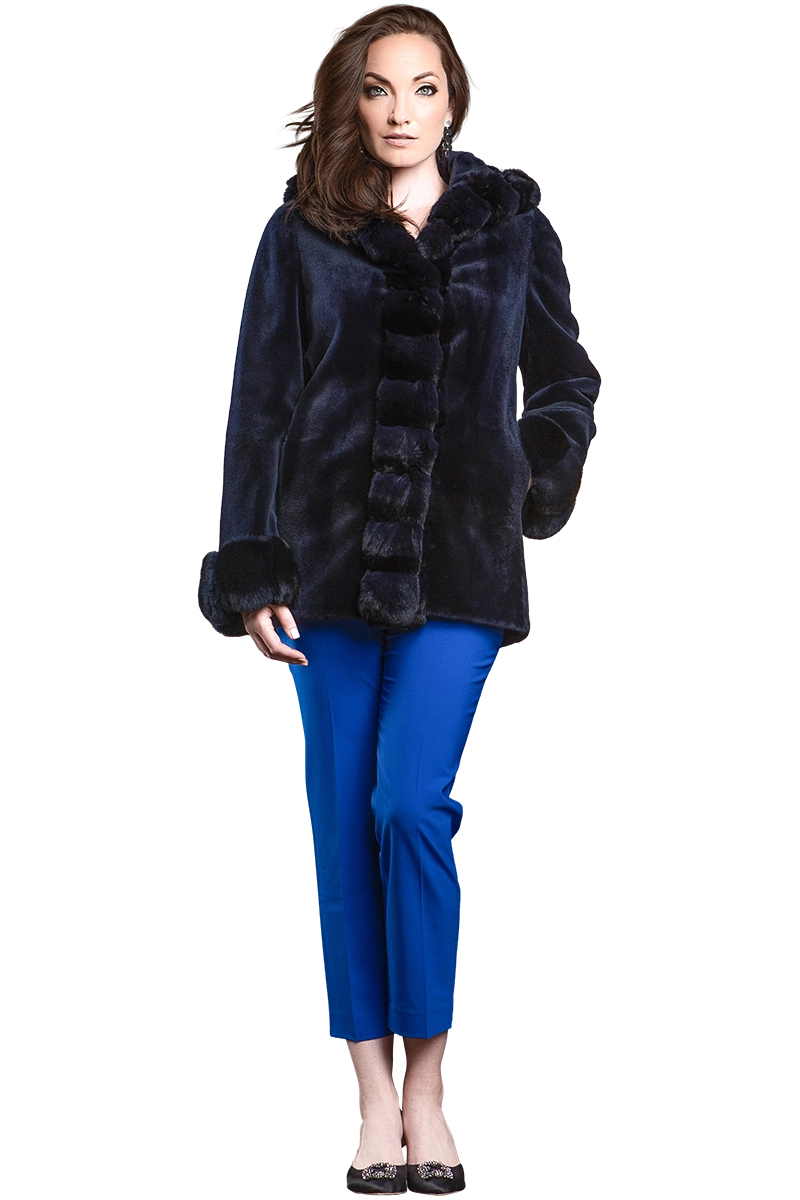 NAVYBLUE EM-EL HOODED REVERSIBLE SHEARED MINK AND CHINCHILLA FUR JACKET MODEL FRONT VIEW
