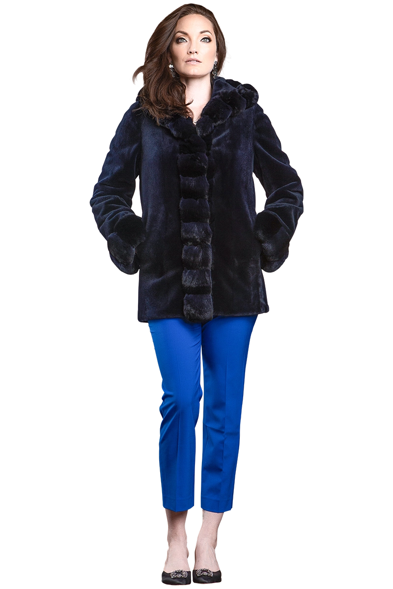 NAVYBLUE EM-EL HOODED REVERSIBLE SHEARED MINK AND CHINCHILLA FUR JACKET MODEL FRONT VIEW
