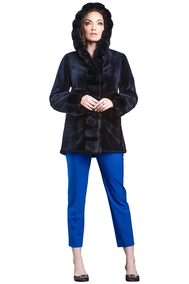 NAVYBLUE EM-EL HOODED REVERSIBLE SHEARED MINK AND CHINCHILLA FUR JACKET MODEL FRONT VIEW
