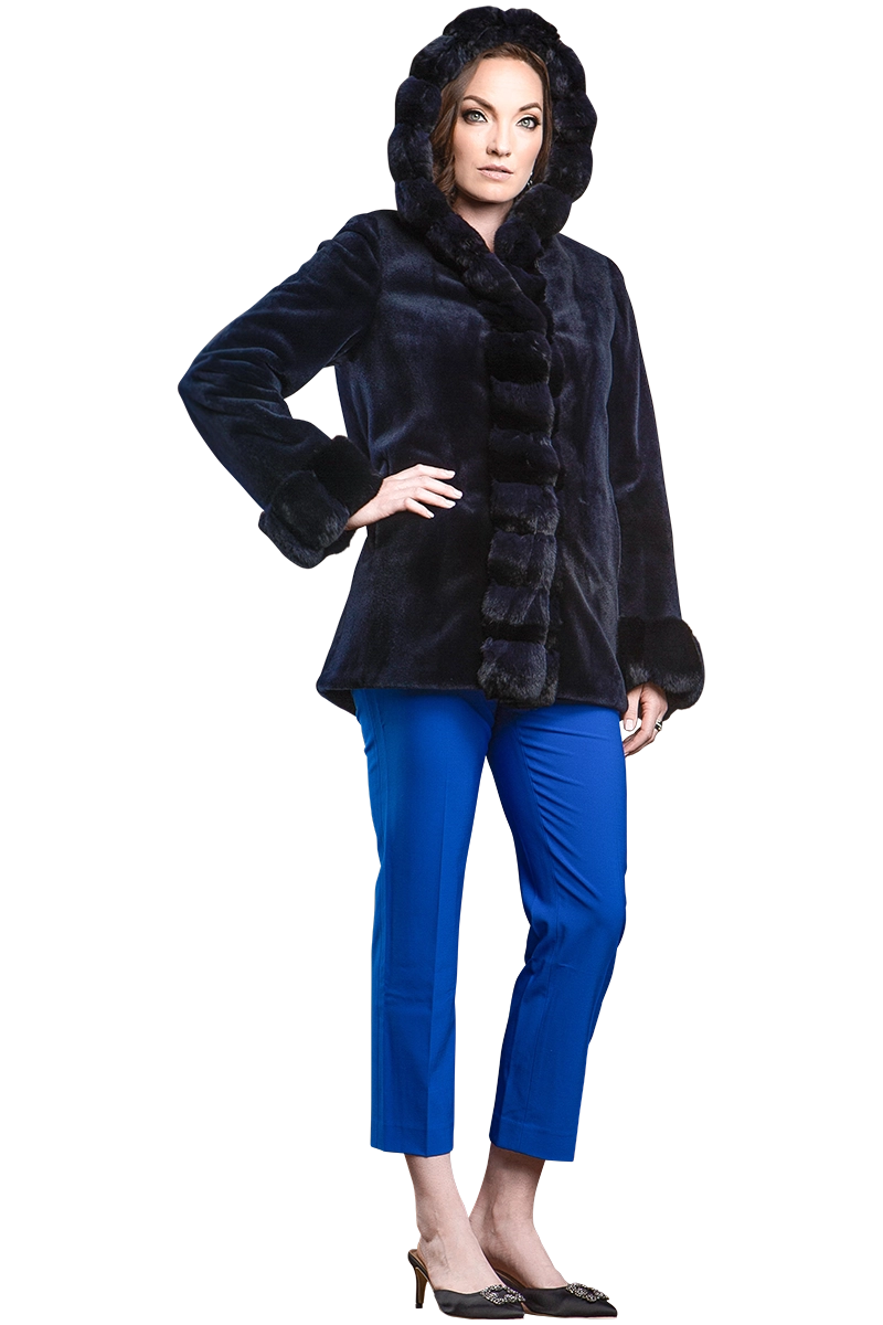 NAVYBLUE EM-EL HOODED REVERSIBLE SHEARED MINK AND CHINCHILLA FUR JACKET MODEL FRONT VIEW
