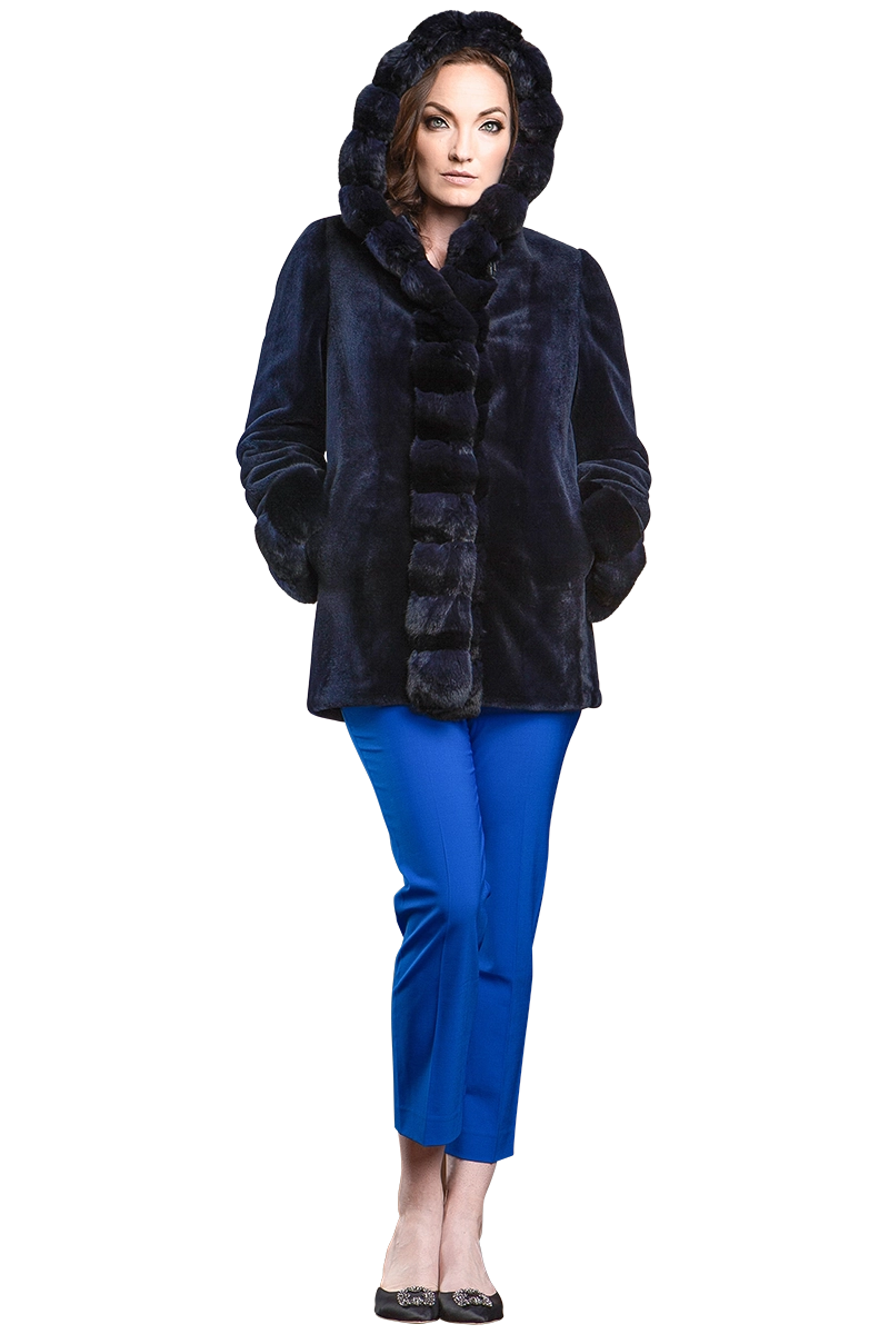 NAVYBLUE EM-EL HOODED REVERSIBLE SHEARED MINK AND CHINCHILLA FUR JACKET MODEL FRONT VIEW
