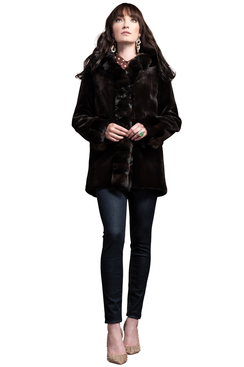 BROWN EM-EL HOODED REVERSIBLE SHEARED MINK AND CHINCHILLA FUR JACKET MODEL FRONT VIEW