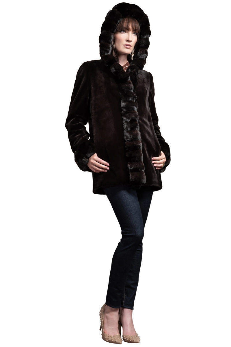 BROWN EM-EL HOODED REVERSIBLE SHEARED MINK AND CHINCHILLA FUR JACKET MODEL SIDE VIEW