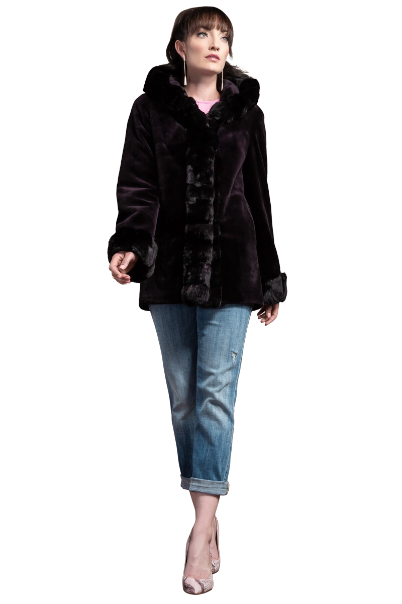 BURGUNDY EM-EL HOODED REVERSIBLE SHEARED MINK AND CHINCHILLA FUR JACKET MODEL FRONT VIEW