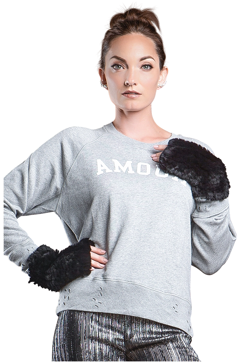 Black EM-EL Knitted Fingerless Rex Rabbit Fur Gloves