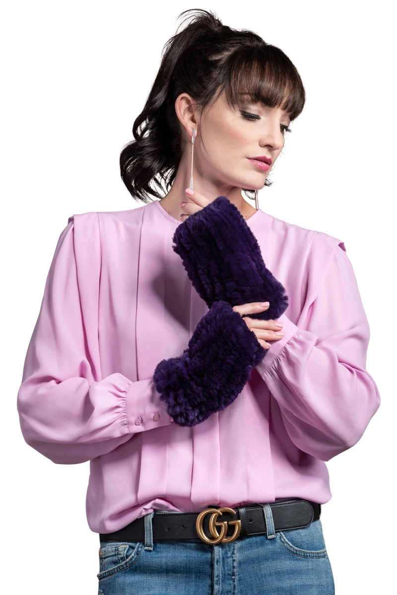 Purple EM-EL Knitted Fingerless Rex Rabbit Fur Gloves