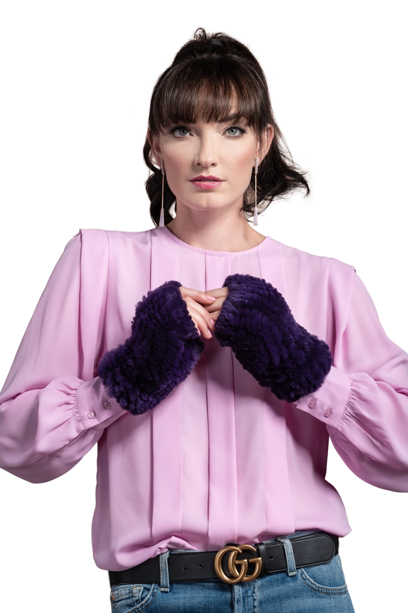 Purple EM-EL Knitted Fingerless Rex Rabbit Fur Gloves