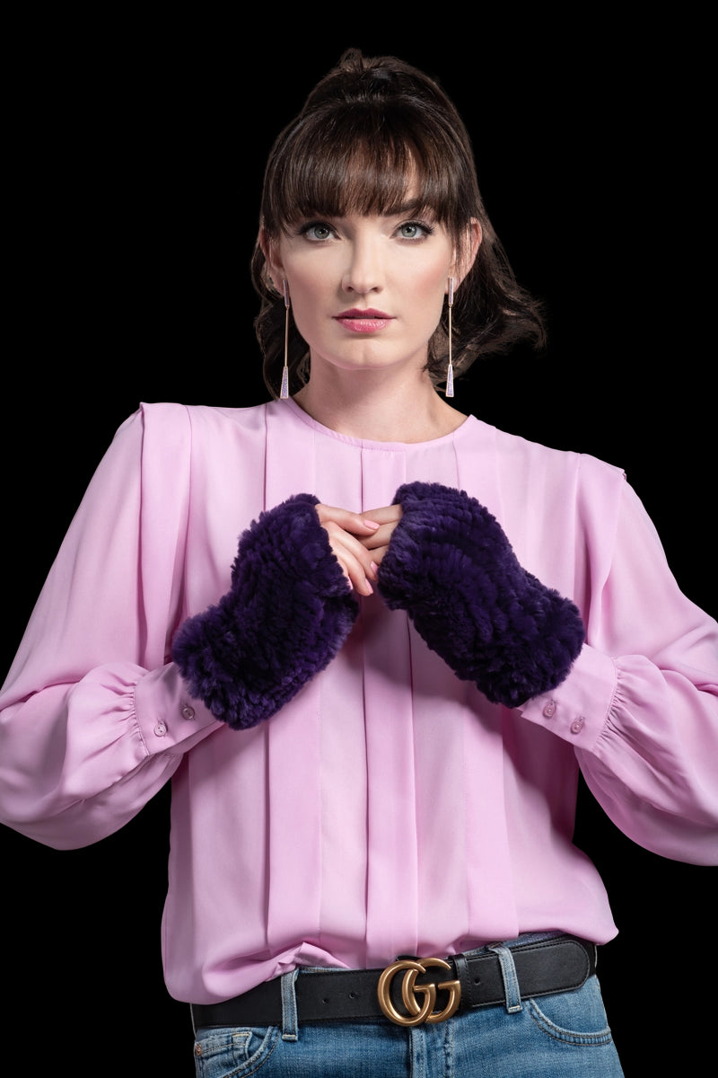 Purple EM-EL Knitted Fingerless Rex Rabbit Fur Gloves