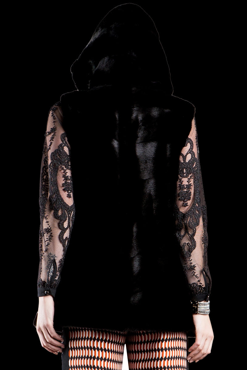 Black Chalue American Horizontal Hooded Mink Fur Vest