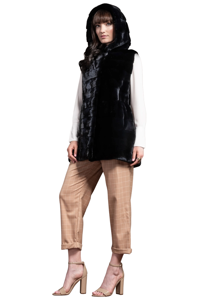 NavyBlue Chalue American Horizontal Hooded Mink Fur Vest