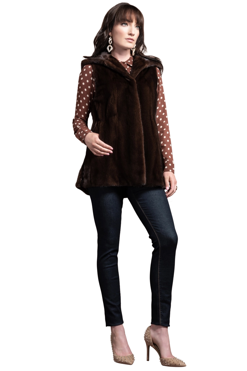 Mahogany Chalue American Hooded Vertical Mink Fur Vest