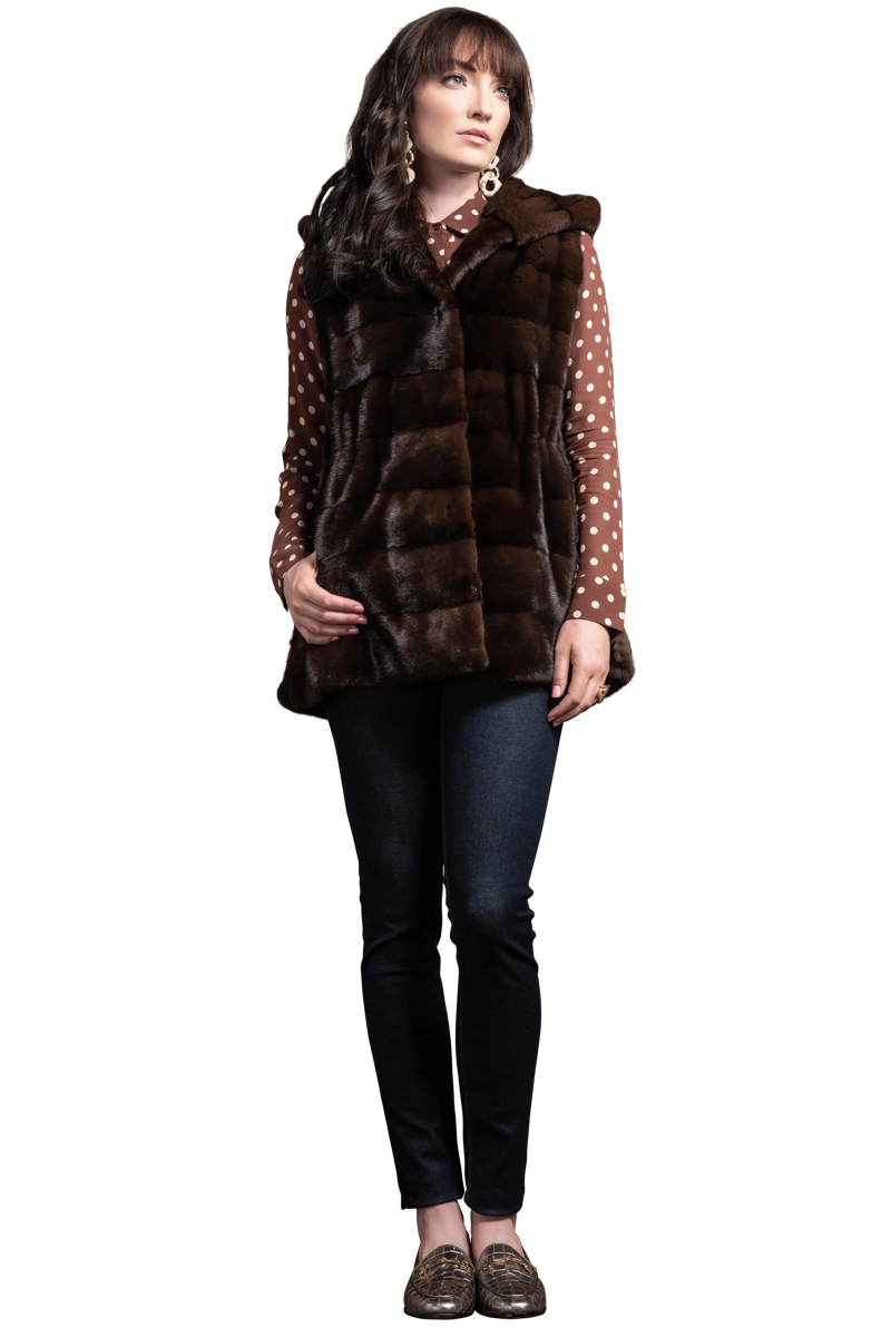 Mahogany Chalue American Horizontal Hooded Mink Fur Vest