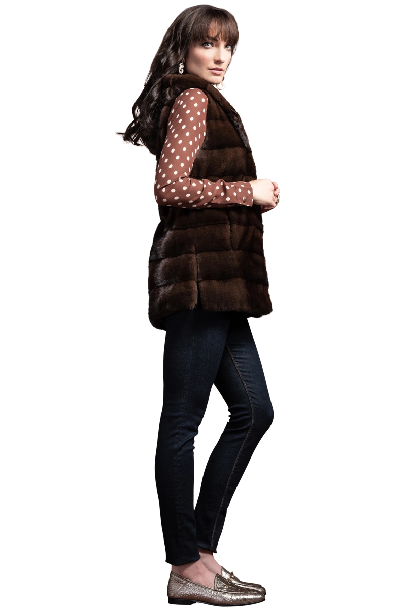 Mahogany Chalue American Horizontal Hooded Mink Fur Vest