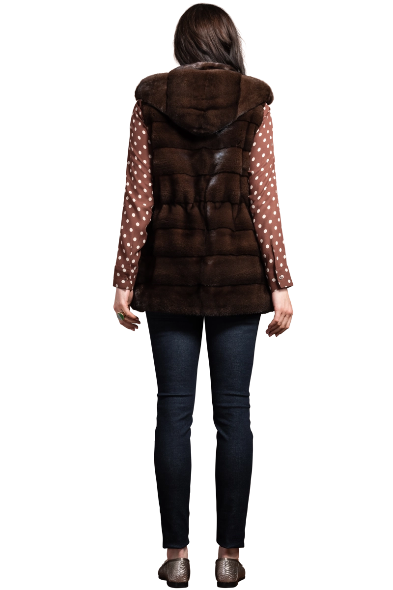 Mahogany Chalue American Horizontal Hooded Mink Fur Vest