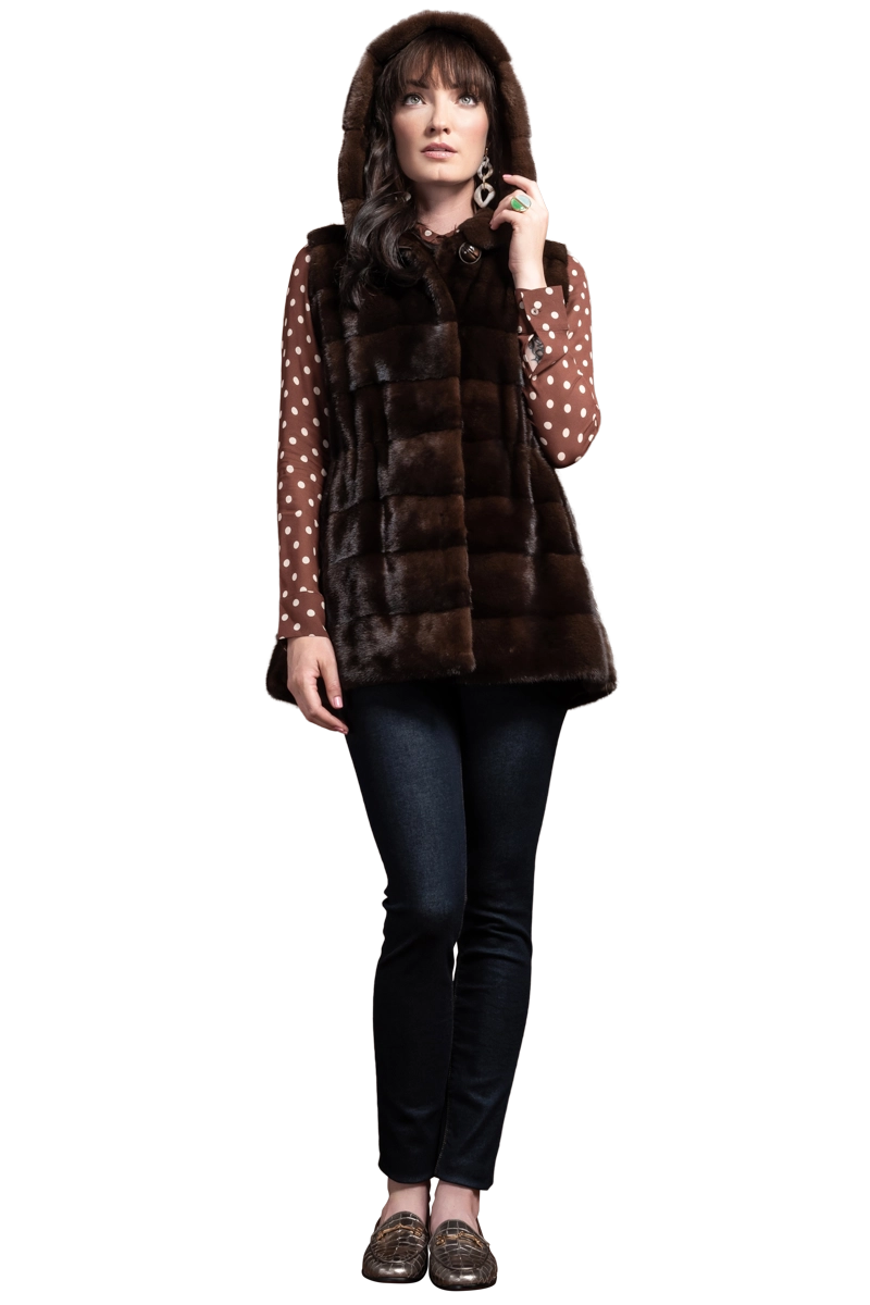 Mahogany Chalue American Horizontal Hooded Mink Fur Vest