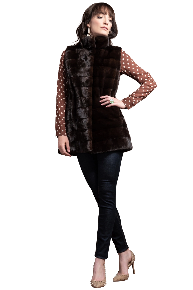 Mahogany Chalue Horizontal Mink Fur Vest - Stand-Up Collar