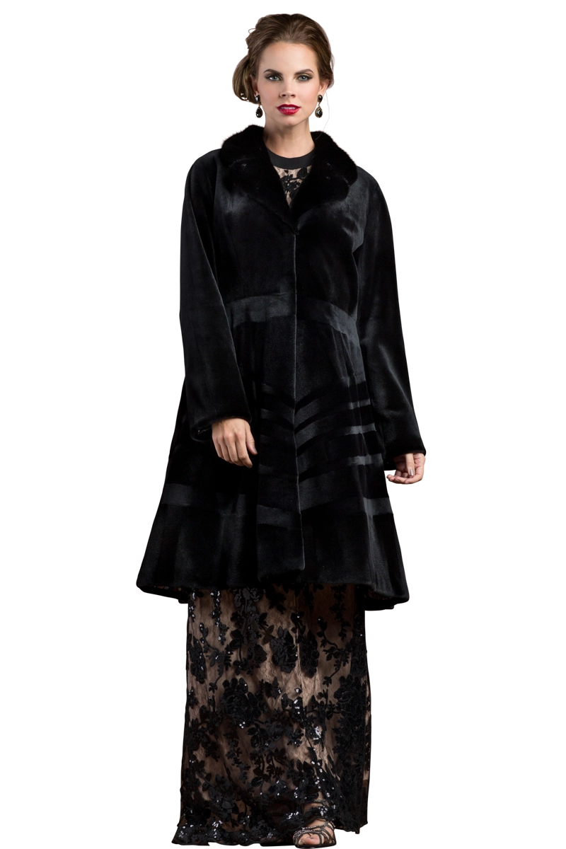 Black EM-EL Sheared & Long Haired Mink Mid-Length Fur Coat