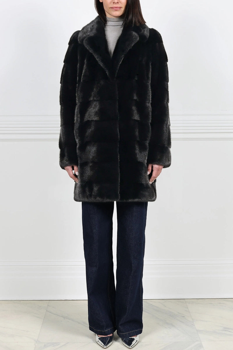 Ranch Pologeorgis for EM-EL Fitted Horizontal Mink Fur Jacket Model Front View