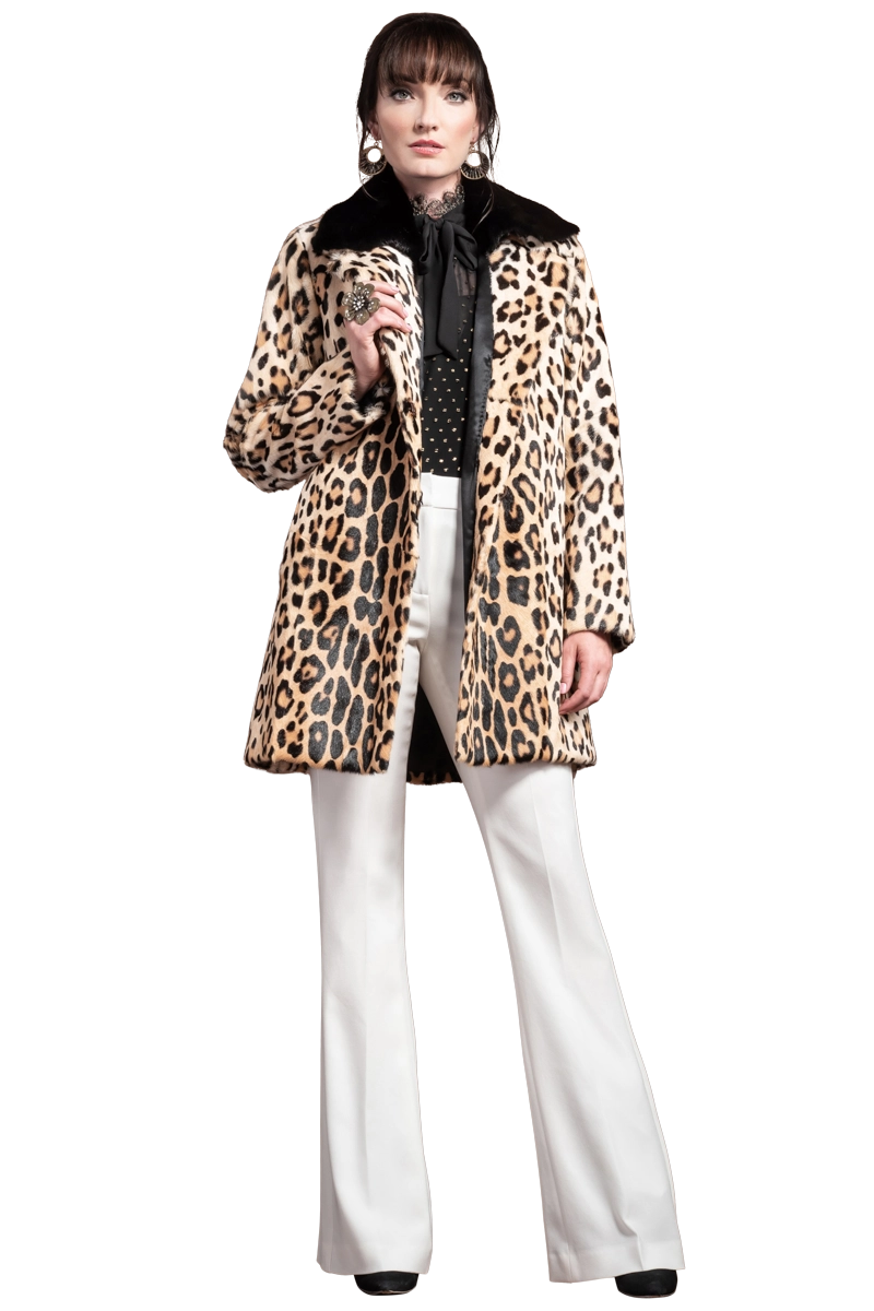 AnimalPrint EM-EL Funny Girl Leopard Print Mid Length Kidskin Fur Coat - Removable Mink Wing Collar