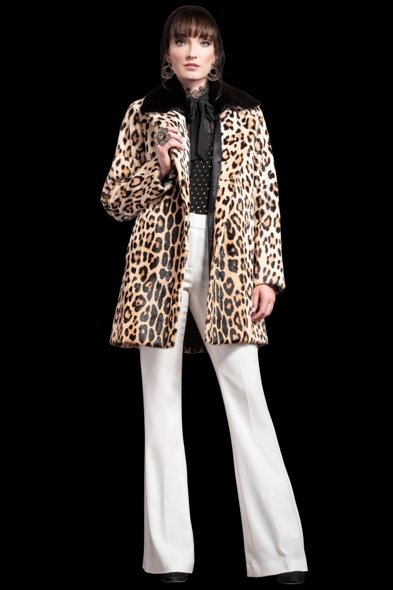 ML Furs  Funny Girl Leopard Print Mid Length Kidskin Fur Coat - Removeable  Mink Wing Collar