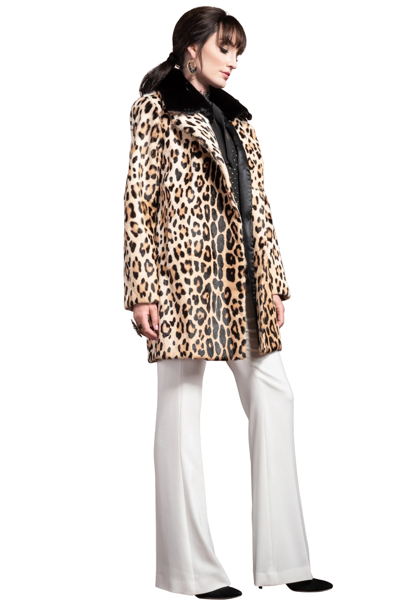 AnimalPrint EM-EL Funny Girl Leopard Print Mid Length Kidskin Fur Coat - Removable Mink Wing Collar