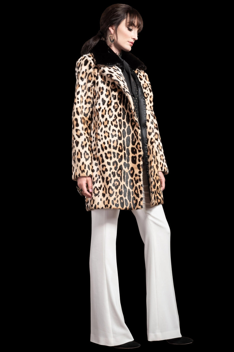AnimalPrint EM-EL Funny Girl Leopard Print Mid Length Kidskin Fur Coat - Removable Mink Wing Collar