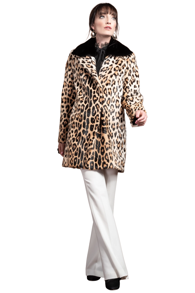 AnimalPrint EM-EL Funny Girl Leopard Print Mid Length Kidskin Fur Coat - Removable Mink Wing Collar