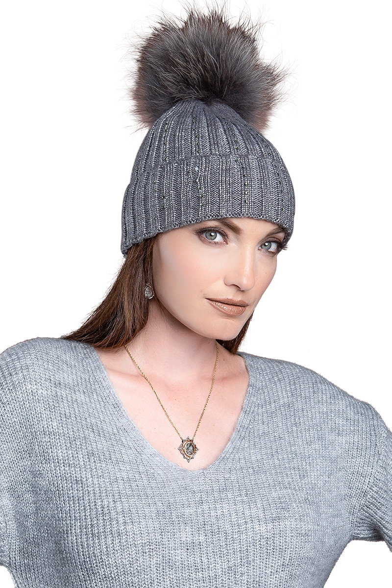 gray EM-EL Serena Wool Hat with Detachable Fox Fur Pompom