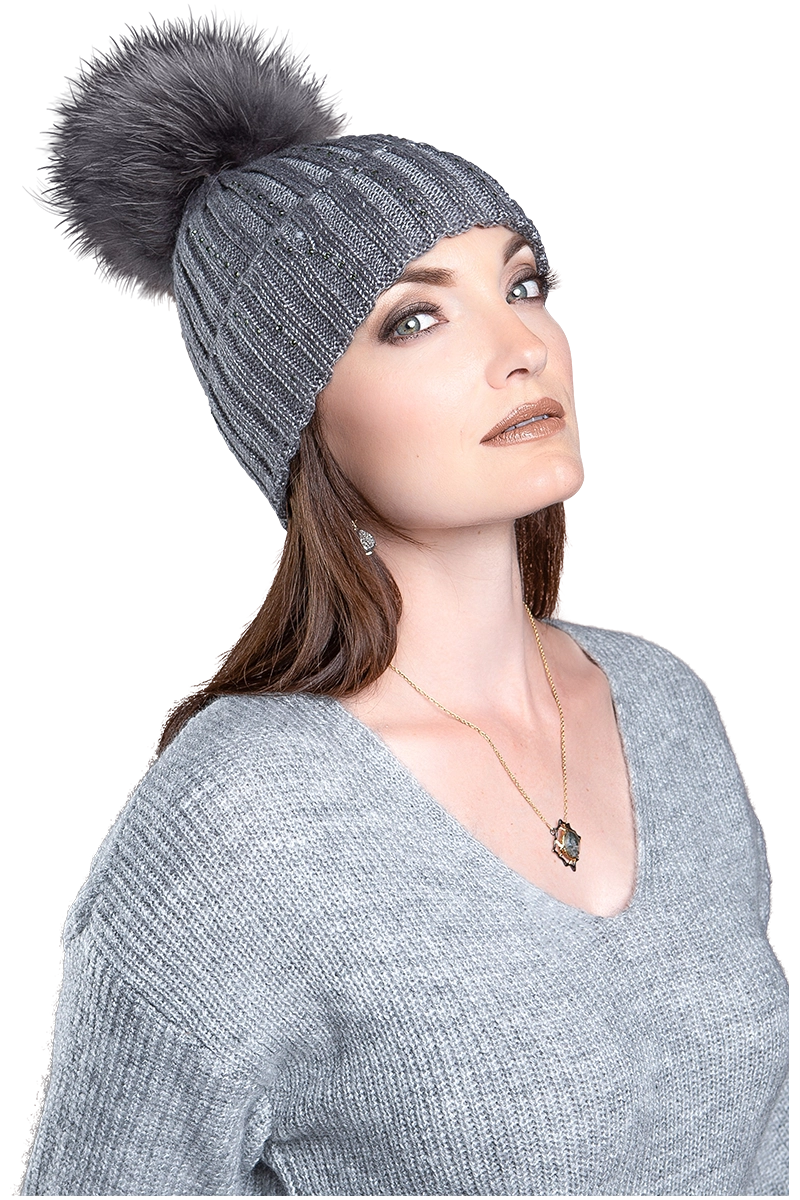 gray EM-EL Serena Wool Hat with Detachable Fox Fur Pompom