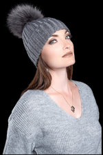 gray EM-EL Serena Wool Hat with Detachable Fox Fur Pompom