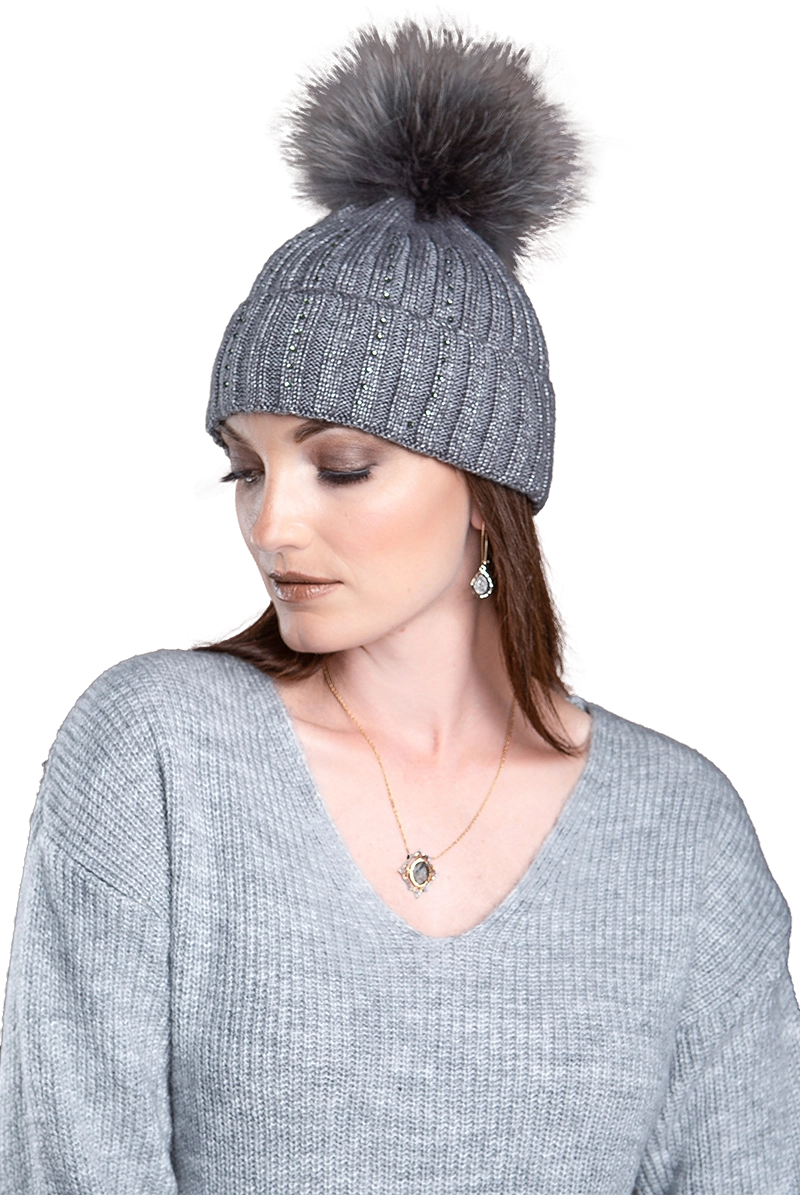 gray EM-EL Serena Wool Hat with Detachable Fox Fur Pompom