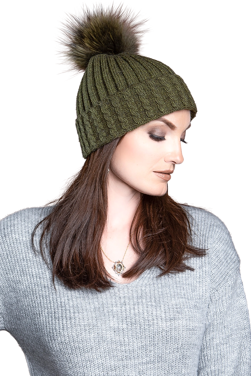 Olive Green EM-EL Greta Wool Hat with Detachable Fox Fur Pompom