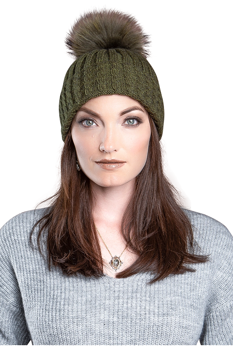 Olive Green EM-EL Greta Wool Hat with Detachable Fox Fur Pompom