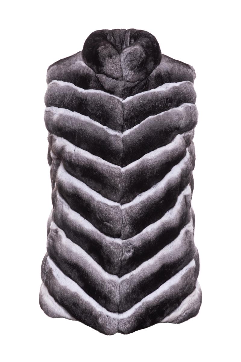 Gray EM-EL Women's Natural V-Cut Chinchilla Fur Vest