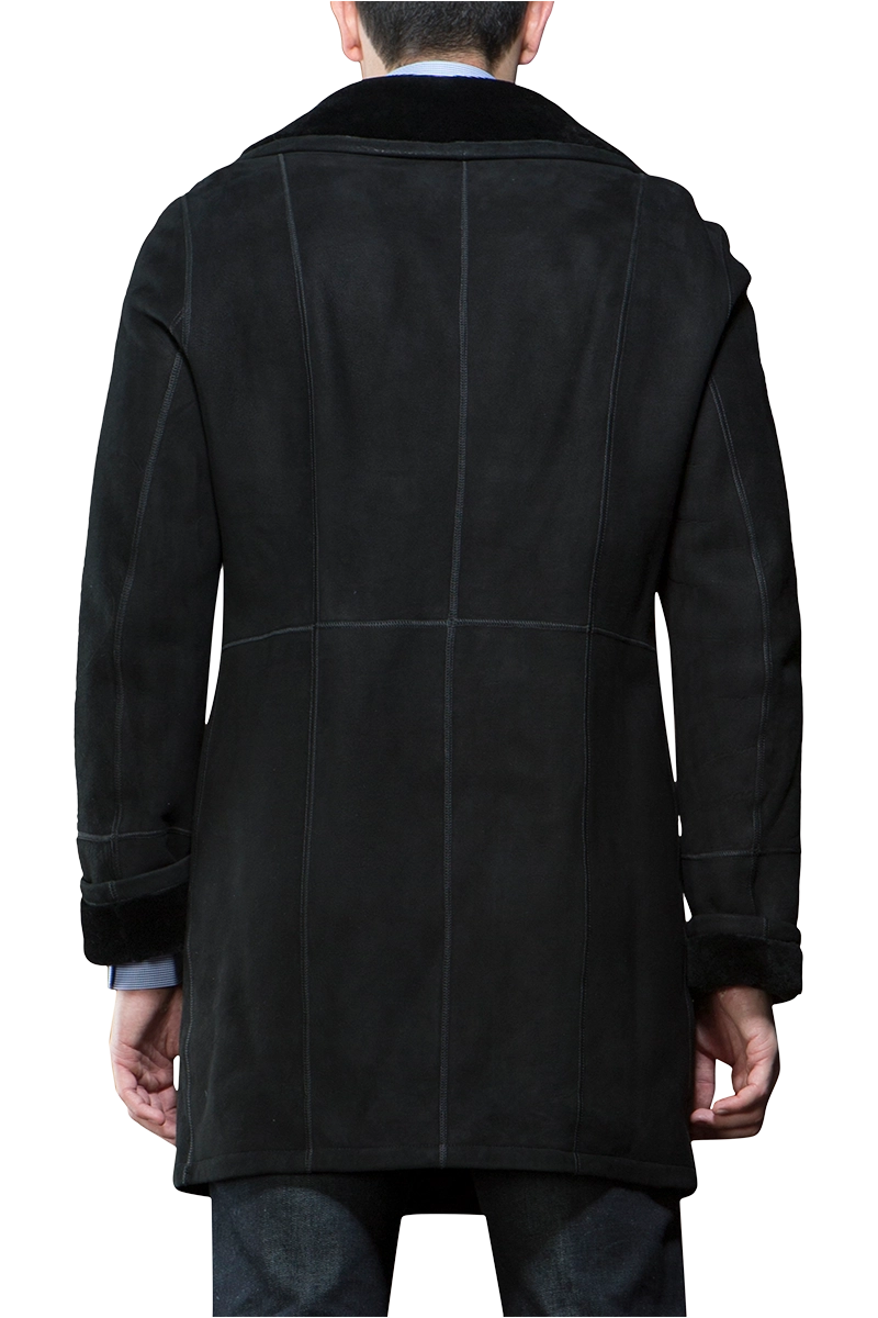 Black EM-EL Men's Spanish Black Trench Mid-Length Shearling Coat