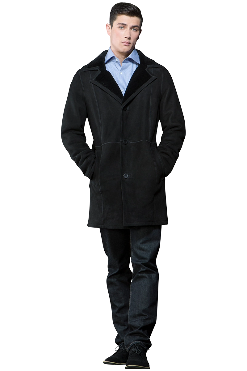 Black EM-EL Men's Spanish Black Trench Mid-Length Shearling Coat