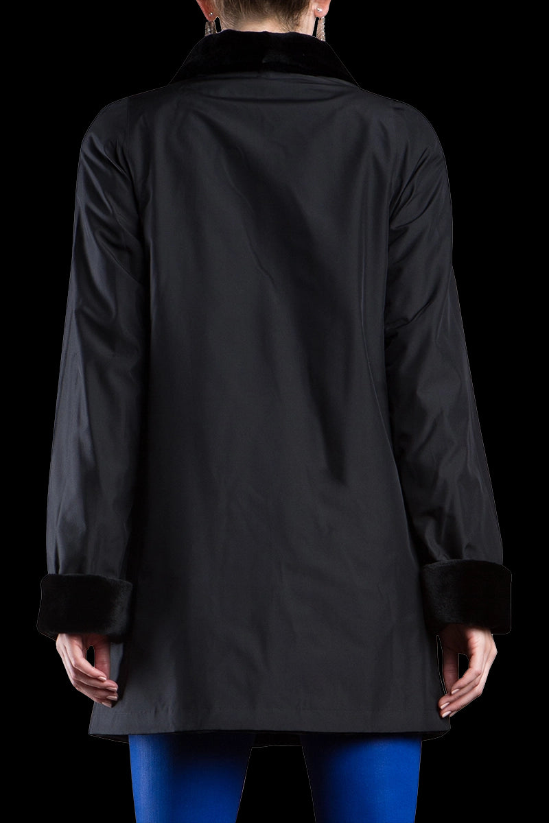 Black EM-EL Reversible Sheared Mink Mid-Length Fur Coat - Wing Collar - TB Cuff