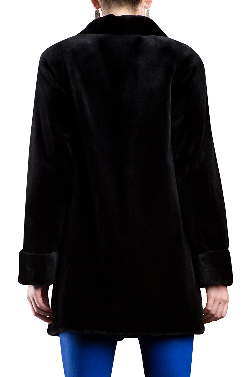 Black EM-EL Reversible Sheared Mink Mid-Length Fur Coat - Wing Collar - TB Cuff