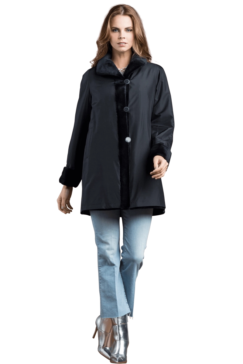 NavyBlue EM-EL Reversible Sheared Mink Mid-Length Fur Coat - Wing Collar - TB Cuff