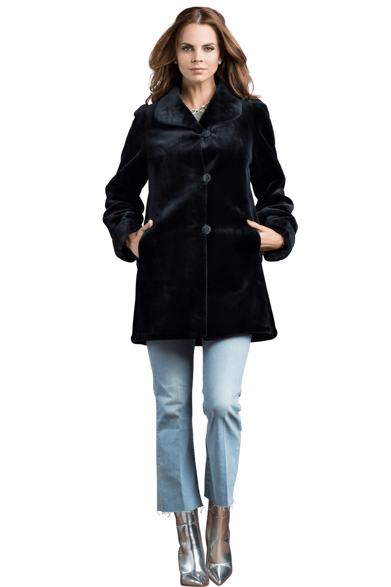 NavyBlue EM-EL Reversible Sheared Mink Mid-Length Fur Coat - Wing Collar - TB Cuff