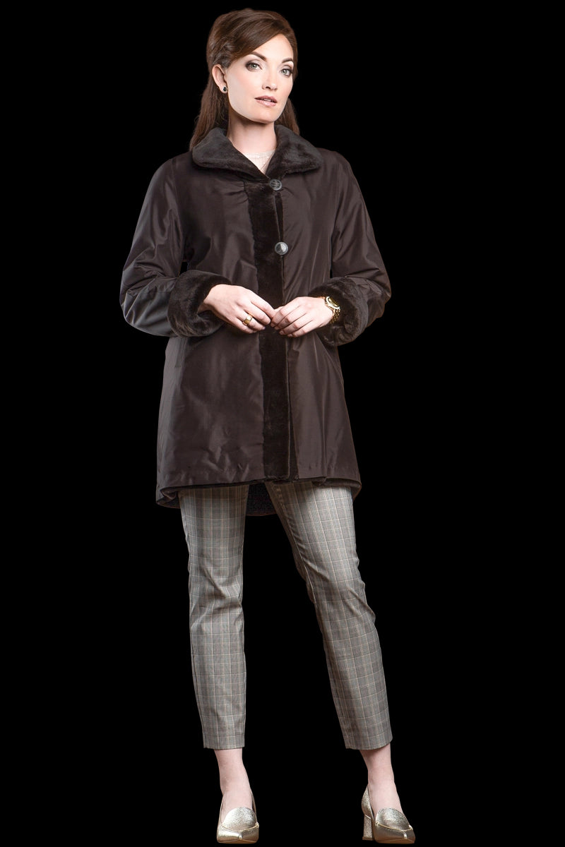 Brown EM-EL Reversible Sheared Mink Mid-Length Fur Coat - Wing Collar - TB Cuff