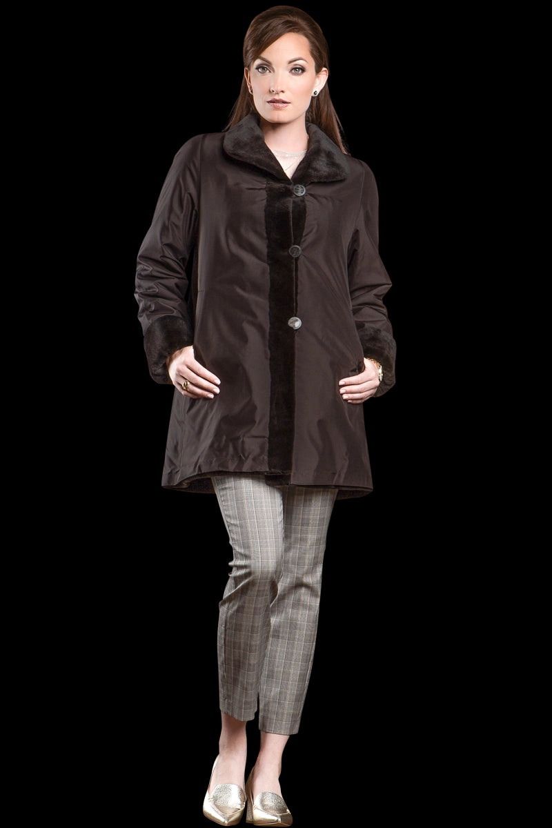 Brown EM-EL Reversible Sheared Mink Mid-Length Fur Coat - Wing Collar - TB Cuff