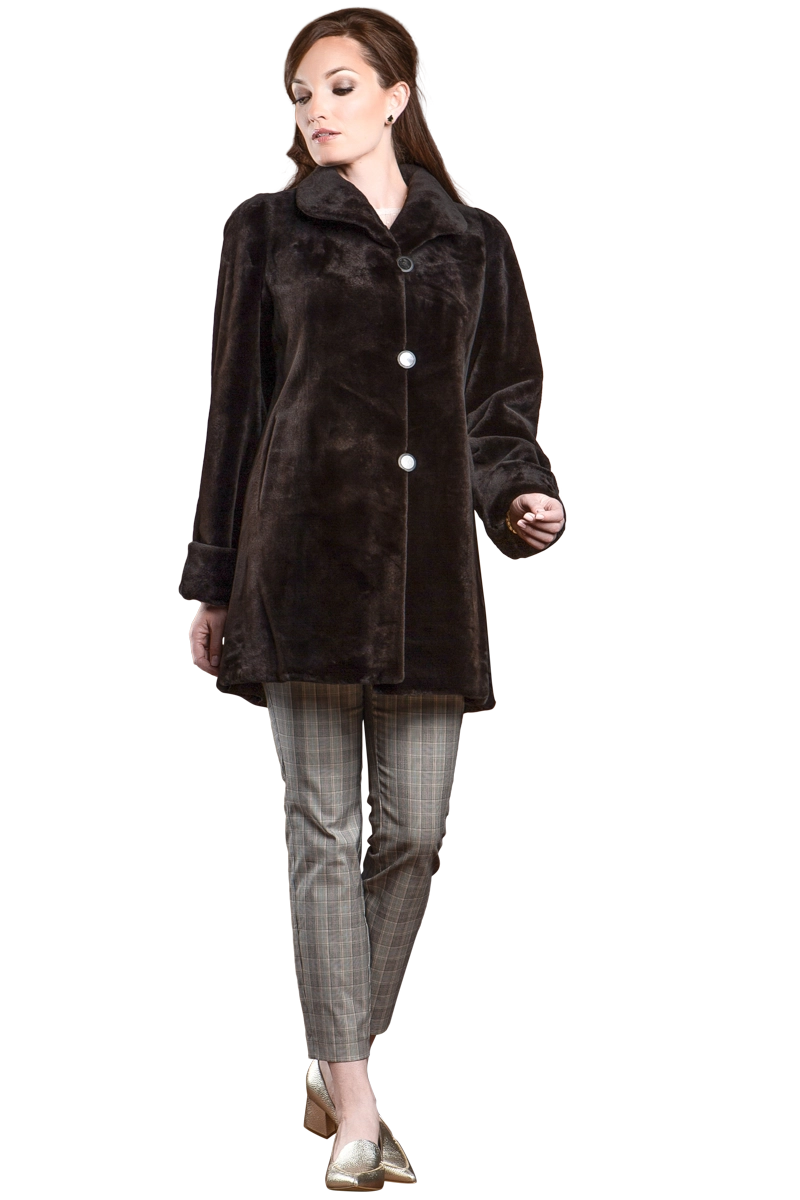 Brown EM-EL Reversible Sheared Mink Mid-Length Fur Coat - Wing Collar - TB Cuff