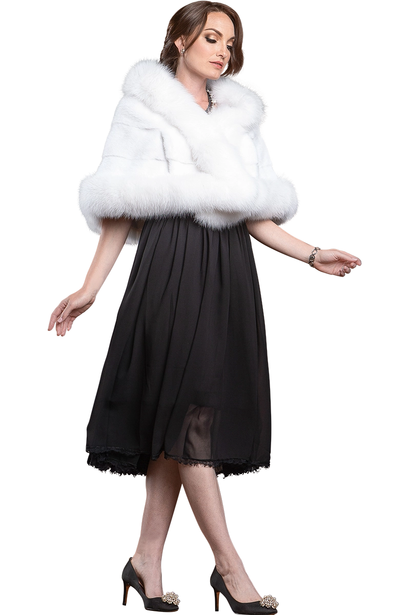 White EM-EL Traditional Horizontal Mink - Fox Fur Cape MODEL SIDE VIEW