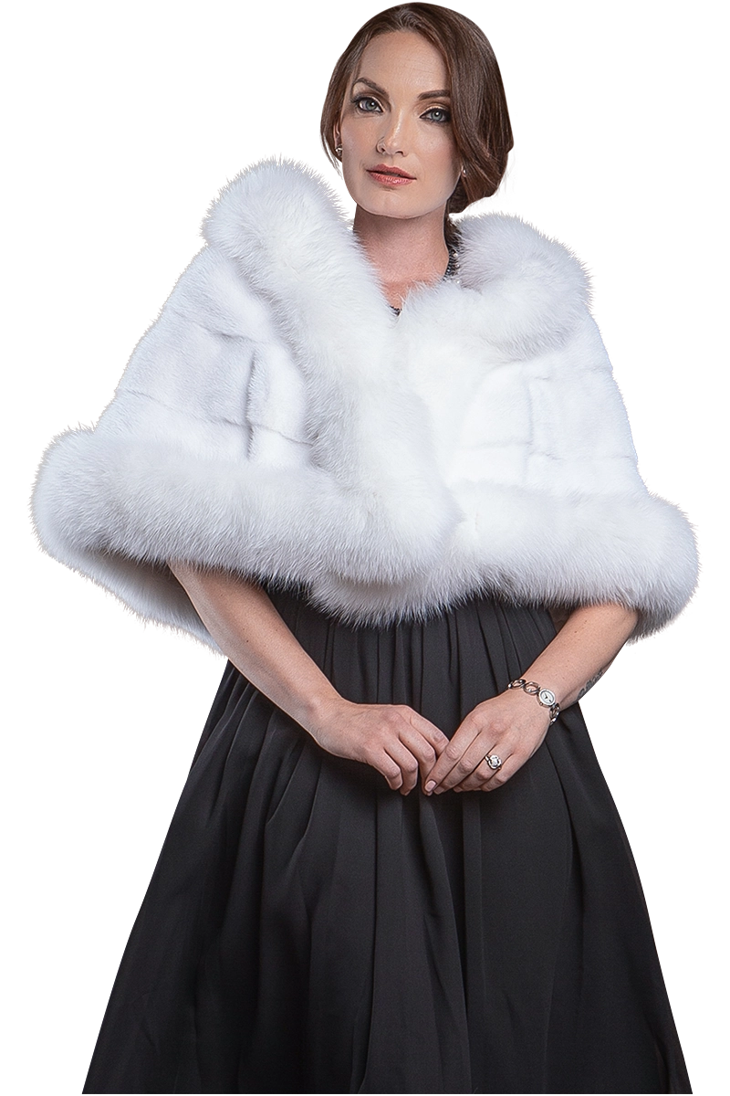 White EM-EL Traditional Horizontal Mink - Fox Fur Cape MODEL CROPPED FRONT VIEW