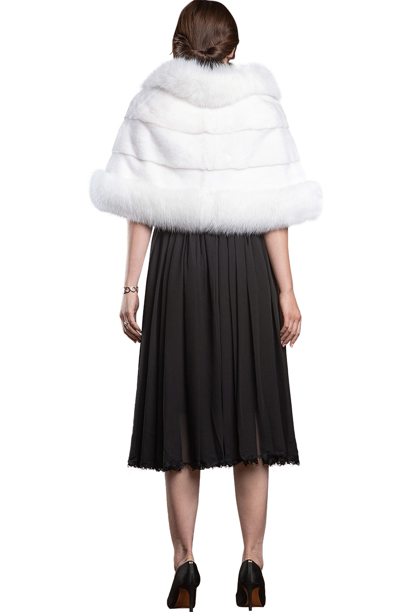 White EM-EL Traditional Horizontal Mink - Fox Fur Cape MODEL FULL BACK VIEW